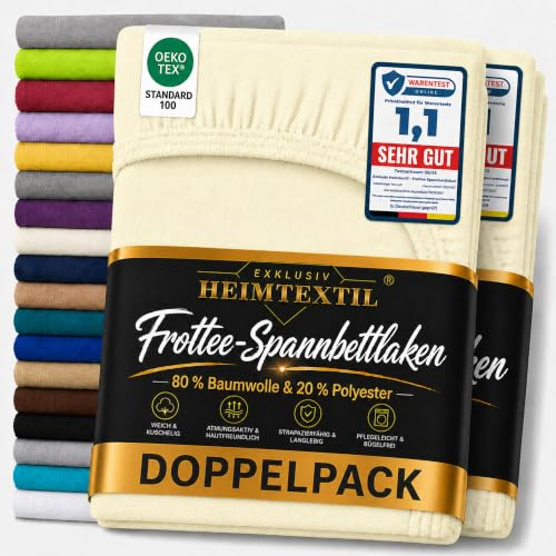 EXKLUSIV HEIMTEXTIL Frottee Spannbettlaken Doppelpack 120 x 200 cm 80% Baumwolle, 20% Polyester Öko - Tex Zertifiziert, Markenqualität, Matratzenhöhe bis 25 cm, Naturweiss