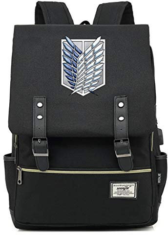WANHONGYUE Attack on Titan AOT Anime Backpack Vintage Schulrucksack Studententasche Schulranzen 15,6 Zoll Laptop Rucksack mit USB-Ladeanschluss Black / 1