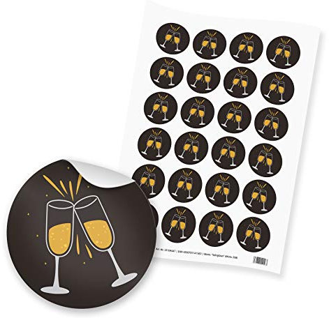 itenga 24x Sticker Motivaufkleber Sektglas Prost Deko für Silvester Neujahr Grüsse Geburtstag Hochzeit rund 4cm auf DIN A4 Bogen