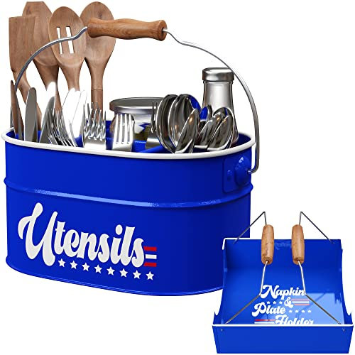 Organizador de utensilios de granja – Soporte para cubiertos y cubiertos para encimera y fiestas con soporte de servilletas adicional por Nook & Fork – Estrellas y rayas