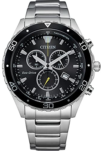 Citizen Men's Eco-Drive Weekender Chronograph Watch in Silver-tone Stainless Steel, Black Dial (Model: AT2387-52E)