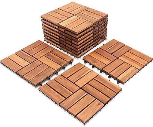 SWANEW 4m² Holzfliesen Mosaik Akazienholz Fliese 44 Stück 30x30 cm Balkonfliesen Gartenfliesen Terrassenfliesen für Garten Terrasse Balkon
