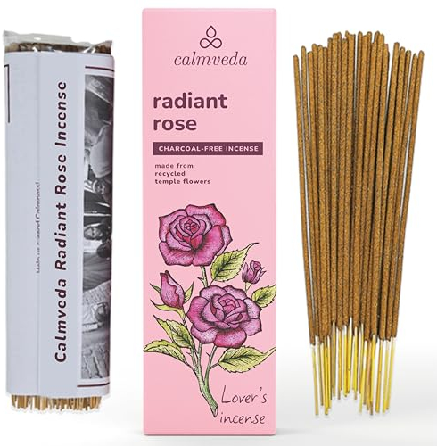 Calmveda Baton Encens Rose Radiant - (80 batonnets encens Naturel) Baton Indien sans Charbon,Fabriqués À Partir De Fleurs Recyclées | Non Toxiques |Utilisation pour La Détente,fruitées mais crémeuses