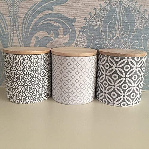 DEENZ Set of 3 Embossed Ceramic Jars with Bamboo LID Grey Ceramic Storage Jars-Floral