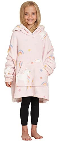 Dreamscene Einhorn-Kapuzendecke für Kinder, übergroße Kinder, ultraplüschig, weich, Sherpa – Mädchen Snuggle Hoodies, Blush Pink, Einheitsgröße