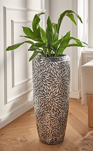 Dekoleidenschaft großer Übertopf Blüten 75 cm hoch, in Metall Optik mit Antik Look, Blumentopf, Blumensäule, Pflanzgefäß. Blumenübertopf für Zimmerpflanzen