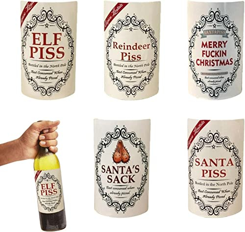 VALINK Christmas Funny Novelty Bottle Labels 5 Pack,Funny Joke Humour Happily Wine Bottle Label,Party Wine Beer Bottle Labels Stickers Christmas Decor