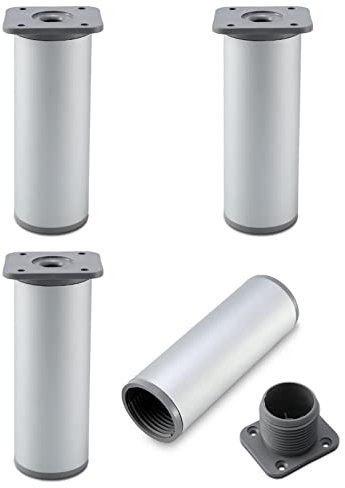HAOMEO Pieds de Meuble de Salle de Bain | Lot de 4 | Hauteur : 15 cm (+2 cm) Reglable | Design: Argent | Forme Ronde: ø 4cm | Matériel: Aluminium + Résine ABS | pour Meubles en Bois