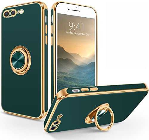 SouliGo for iPhone 7 Plus/8 Plus Case 360° Ring Holder Kickstand Magnetic Car Mount Slim Luxury Bling Plating Soft TPU Anti-Scratch Protective Bumper Phone Cover, Green