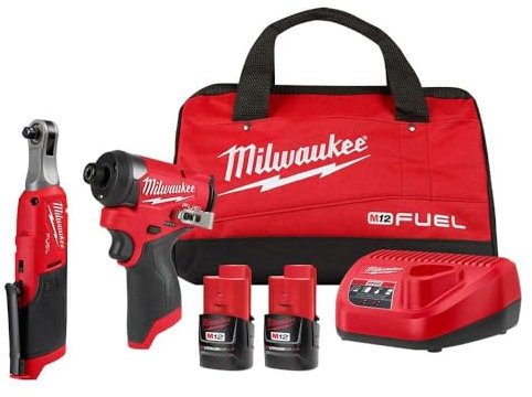 Milwaukee M12 FUEL 12V Lithium-Ion Cordless 3/8 Ratchet and 1/4 Impact Driver Kit (2 Tools) with Batteries, Charger and Bag