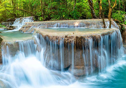wandmotiv24 Fototapete Wasserfall im Dschungel, 400 x 280 cm - selbstklebende Strukturtapete, Wanddeko, Wandbild, Wandtapete, Fluss, Felsen, Stein M5761