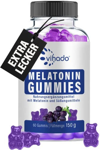 Vihado Melatonin Gummies - so lecker und soft, hochdosiert, zuckerfrei, vegan - besser da mit Vitamin D3, K2, Passionsblume und Kamille, 60 Gummis