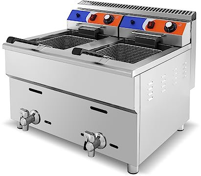 MBH – Freidora a gas profesional 34 litros 2 cubas para hostelería con grifos de vaciado. Freidora industrial para cocina de bar y restaurante (Solo gas butano/propano)