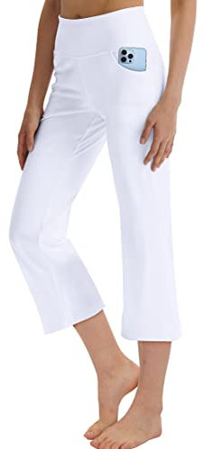 LaiEr Frauen Yoga Capri Hose mit Taschen Weites Bein Straighthose Bauchkontrolle(White,Medium)