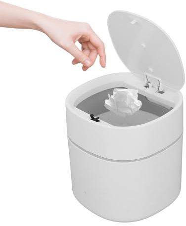 Tissting Mini Cubo de Basura de Mesa 1.5L con Tapa – Papelera de Plástico 13x14cm con Apertura por Botón para Oficina, Dormitorio, Baño y Cocina (Blanco)