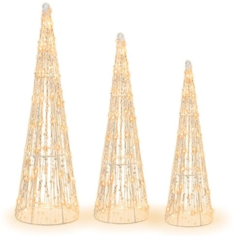 GOPLUS 3er Set LED Weihnachtsbaum, Pyramide Lichterbaum Weihnachten mit 90 Lichtern warmweiß, Lichterkette & Sternschnüren, 62/72/81cm Leuchtpyramide Kegelbaum, Weihnachtsdeko für Innen & Außen