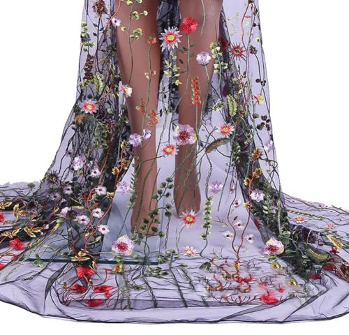 Yurosiay Blumen Bestickter Spitzenstoff 100×150cm Tüllstoff Mit Stickerei Blumenpflanze Netzstoff Mode Blumenstickerei Stoff Bunt Blumen Bestickter Tüll Meterware Tüll Stoff zum Nähen Schwarz