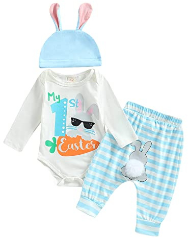 Geagodelia Baby Jungen Mädchen Ostern Kleidung Outfit Osterhase Babykleidung Set Body Top + Hose Neugeborene Weiche Babyset My First Easter (D - Hellblau, 0-3 Monate)