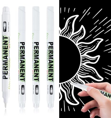 Lot de 4 Marqueurs Blancs, Feutre Blanc Acrylique Permanents, Stylo Waterproof Indelebile pour Bois, Pierre, Plastique, Cuir, Métal, Céramique, Idéal pour DIY, Art et Décoration, 1mm Pointe Extra Fine