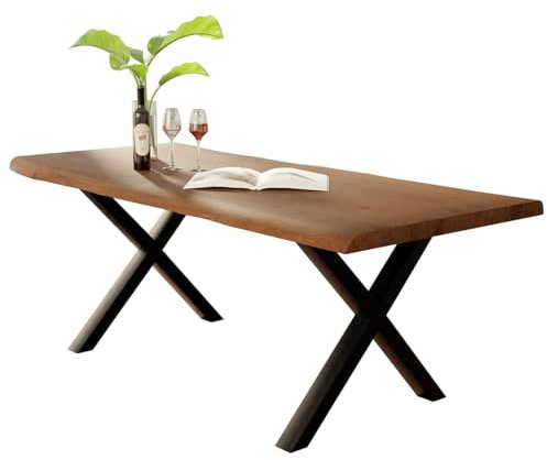 Liadomo Esstisch 180x90 Diala Nuss, Baumkantentisch, Baumkante, Akazie Massivholz Tisch, 35 mm Tischplatte lackiert, Robust & Pflegeleicht, Unikat, X-Gestell Metall schwarz