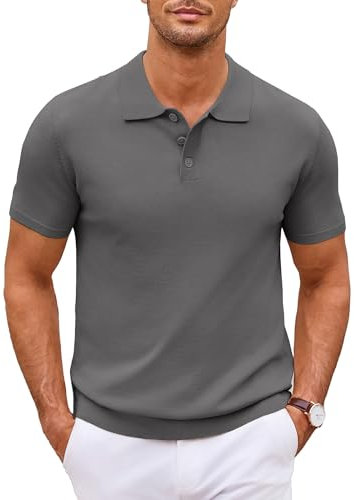 COOFANDY Mens Knitted Short Sleeve Poloshirt Regular Fit Summer Casual Polo Shirts Basic T-Shirt Dark Gray XL
