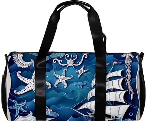 Seesack, Seesack für Herren, Damen, Turnbeutel, Wochenendtasche, nautischer Anker, Leuchtturm, Fisch, Muster 5254, 45x23x23cm(17.7x9x9in)