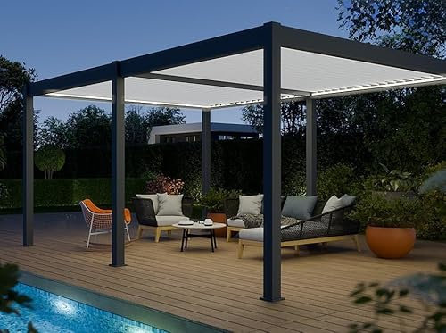 Direct ABRIS Pergola Bioclimatique Aluminium Autoportée 19m² - 3,6x5,3 - Kit LED Inclus - Anthracite - 34 Lames en Aluminium a 120° - Eclipse