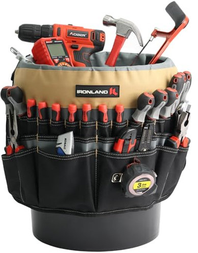 IRONLAND Eimer-Werkzeug-Organizer für 1,9–1,8 l Eimer, 51 Taschen, Eimer-Werkzeug-Caddy für Garten, Bau, Tischler, Elektriker, Bauarbeiter, KAH & Schwarz