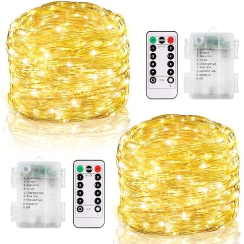 CCILAND 2 Stück Lichterkette Batterie, 12M 120 LED Lichterketten mit Fernbedienung und Timer, Akku Lichterkette Draht Wasserdicht für Innen Außen Weihnachten Hochzeit Deko (Warmweiß)