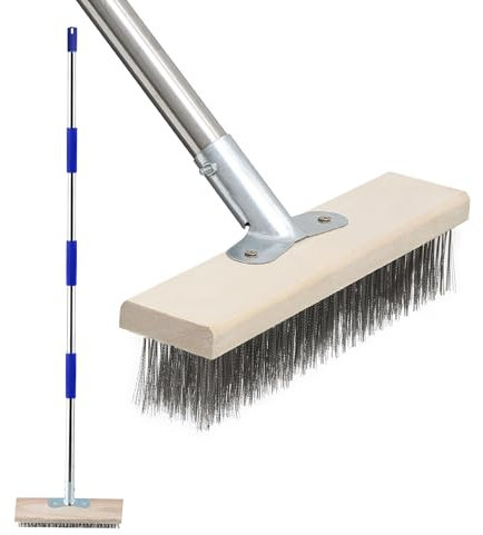Deck Scrub Brush with Long Handle, 60 Stainless Steel Wire Brush, Heavy Duty Concrete Scrub Metal Wire Broom for Moss, Rough Surface, Concrete Floor, Patio, Garden, Garage