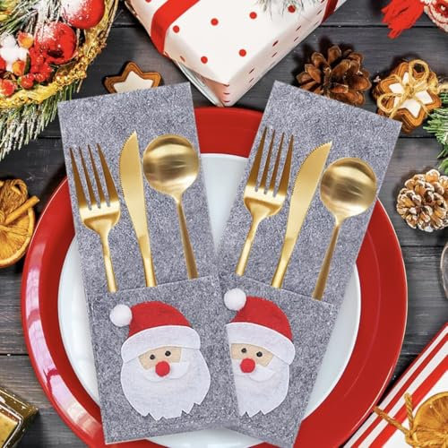 4 Stück Besteckhalter Weihnachten Filz, Bestecktasche Besteckbeutel Weihnachtsmann Tischdekoration, Grau Weihnachts Tischdeko Messer Gabeln Löffel Geschirr Besteck Taschen für Tisch Weihnachtsdeko