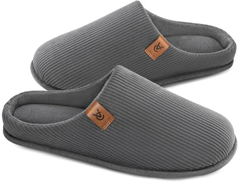 VeraCosy Men's Corduroy Slip-on Slippers Cosy Non-Slip Memory Foam Indoor House Shoes with Coral Fleece Lining Cool Grey,8-9 UK