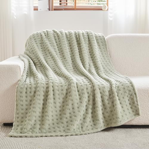 Wajade Fleece Throw Blanket, Fluffy Faux Fur Blanket for Bed Sofa Couch, Soft Warm Thick Blanket,waffle Sage Green-178X203