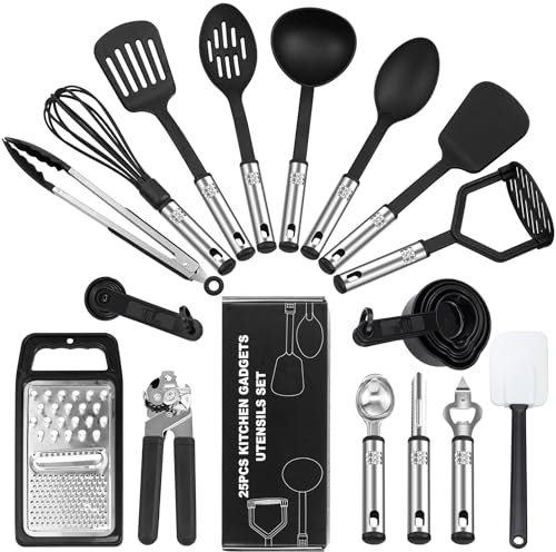 BEWOS Set di 25 utensili da cucina in nylon, antiaderenti e resistenti al calore, non tossici, utensili da cucina e accessori, set di pinze da cucina, spatola, cucchiaio, nero