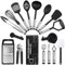 BEWOS Set di 25 utensili da cucina in nylon, antiaderenti e resistenti al calore, non tossici, utensili da cucina e accessori, set di pinze da cucina, spatola, cucchiaio, nero