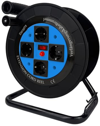 EnergyPro DL616B-EU Kabeltrommel leer IP44 4-fach Schuko Steckdosen, manueller Kabelaufroller mit klappbarem Griff, Leertrommel ohne Kabel