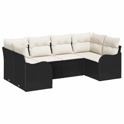 vidaXL 6-teiliges Garten-Sofa-Set mit Kissen, großes Rattan Outdoor-Sitzgruppe für die Terrasse, Schwarz und Creme | Bequeme, wetterfeste Möbel, modulare Sitzgelegenheiten, modern und stylish