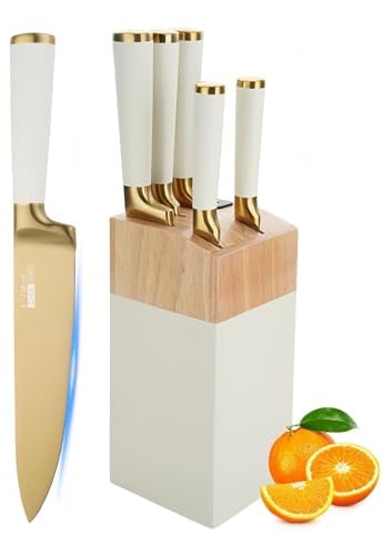 Justup Messerset, Weiß 6-tlg Edelstahl Messer Set mit Block und Integriertem Messerschärfer, Ultra Scharf Messer Block Set mit Bequemen Griff, Professionelles Küchenmesser Set für Kochmesser (Weiß)