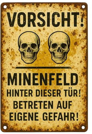 AstraDesign Blechschild „Vorsicht Minen – Betreten auf eigene Gefahr“ 20x30 cm – Warnschild im Vintage-Look – mit vorgebohrten Löchern – Für Garage, Werkstatt, Hobbyraum