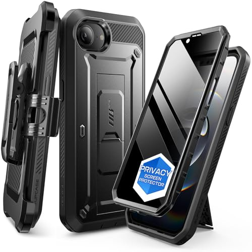 SUPCASE Cover per iPhone 16e, Pellicola Protettiva per Schermo con Privacy Integrata, [Supporto Integrato e Clip per Cintura] [Protezione di Livello Militare] Custodia per iPhone 16e 6.1''(Nero1)