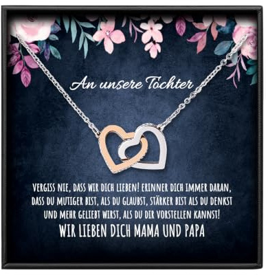 BYLITZ An meine Tochter Vergiss nie Doppelherz Karabiner Halskette mit personalisierter Karte und Geschenk- Box Kette mit Zirkonia zum Geburtstag Weihnachten