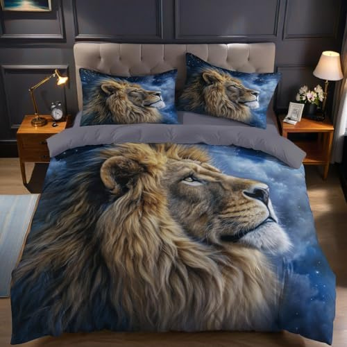 Blauer Sternenhimmel Bettwäsche 200 x 220 cm Tier Löwe 3D Druck 3 teilig Polyester Baumwolle Bettwäsche Set weich mit Reißverschluss für Jugendliche Mädchen Jungen