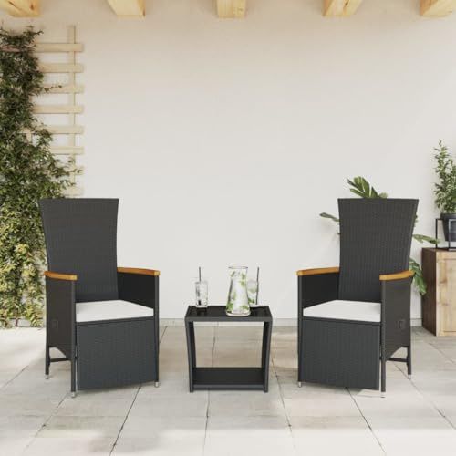 QJBSAVVA 3-TLG. Schwarze Garten-Essgruppe klein aus Poly Rattan mit 2 Verstell-Sesseln & Glas-Tisch 45x45x40 cm Bequeme Sitzkissen Modernes Balkonmöbel-Set für Balkon Terrasse und Garten