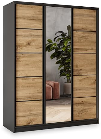 Masseno Schiebetürenschrank NATA 160/205/58 cm Kleiderschrank mit 4 Schubladen Schlafzimmer Schrank 3-türig mit Spiegel Schwarz/Eiche Wotan
