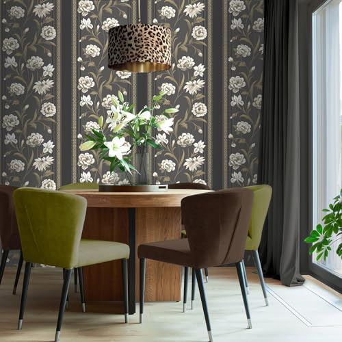 SOPHIE LAURENCE Charcoal Neutral Floral Wallpaper Panel Effect Smooth Flat Finish Feature Wall Design Luxury Modern Botanical Pattern for Lounge, Bedroom, or Living Room Decor 10M x 0.53M