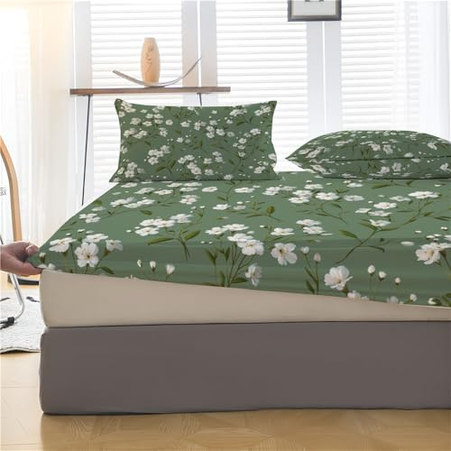 Grün Spannbettlaken 160x200cm, 2 Kissenbezug 80x80, Bettlaken Ländliche Umgebung Blütenblätter, Weiche Mikrofaser Elegant Floral Spannbetttuch Bis 30 cm Matratzenhöhe