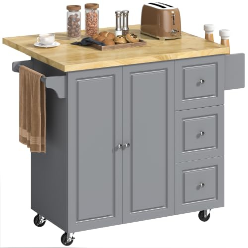 HOMCOM Kitchen Island on Wheels with Drop Leaf, Rubber Wood Top, Grey