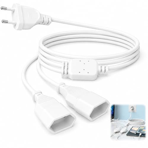 DUSEKI Stromkabel Verlängerung 2 in 1 Eurostecker Verlängerung Netzkabel 0,75 mm² 250V/2,5A EU Flachstecker Verteilerfür TV PC Monitor Computer Beamer Lampe Haushaltsgeräte Weiß