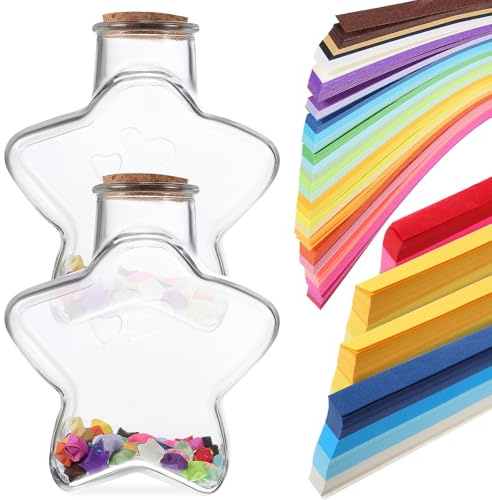 KALLORY Origami Papierstern Bastelset mit Wunschglas für Geburtstagsgeschenke Papierbasteln mit Bunten Sternpapierstreifen und Glasflasche zur Raumdekoration Zufällige Zufällige Farbe