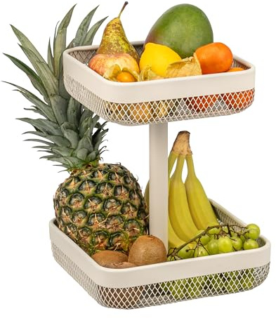 eluno 2-stöckige eckige Obstetagere/ Brotkorb, Körbe mit 20 x 20 cm und 25 x 25 cm, Obstkorb für die Lagerung von Obst, Gemüse, Brot, Gewürzen und Snacks in Küche und Wohnzimmer, aus Metall (Beige)